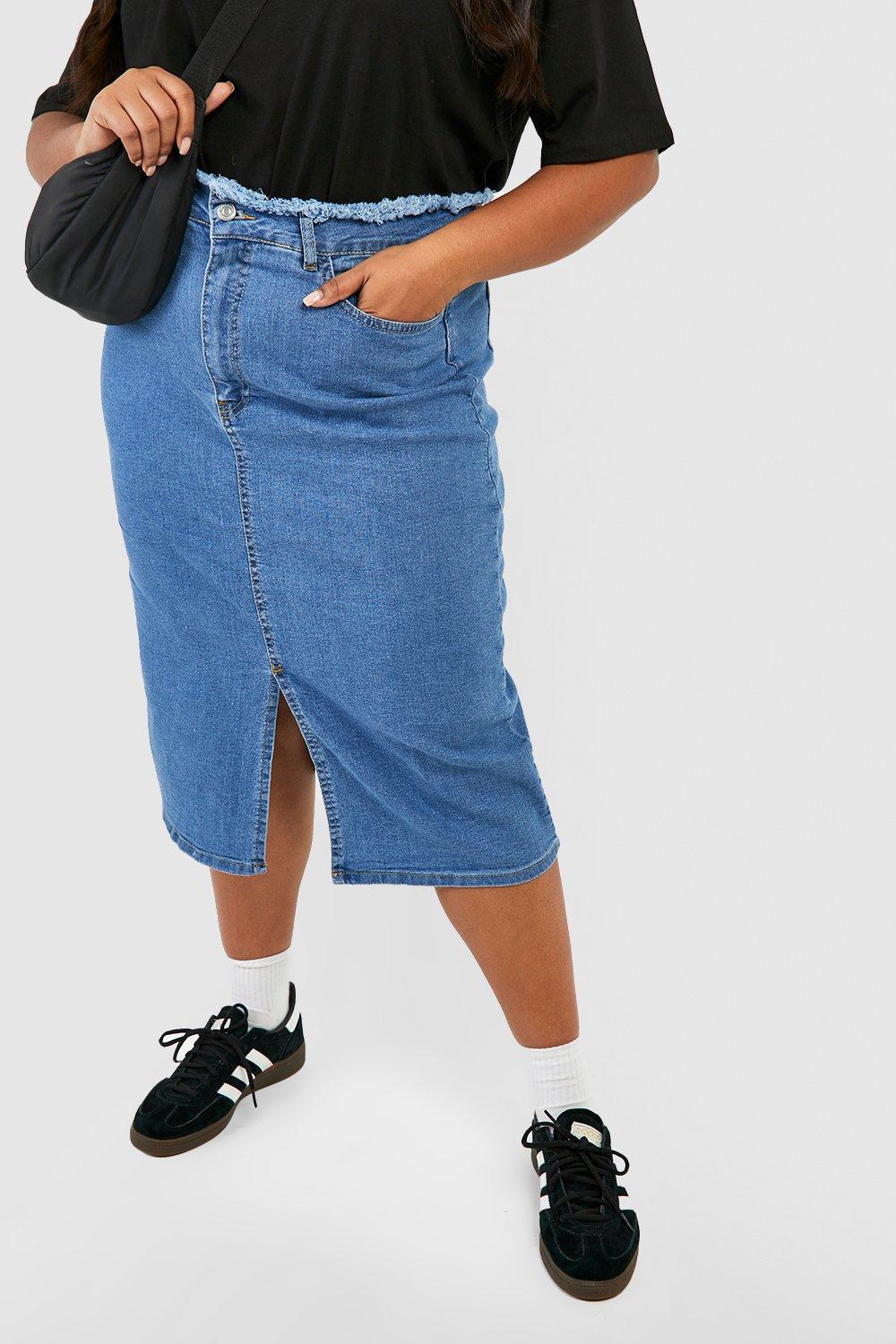 Plus Raw Waistband Denim Midi Skirt boohoo DK
